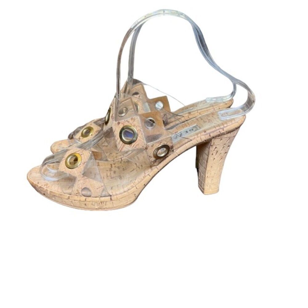 Dezario Cork Heels with‎ Clear Top and Grommet Detail. Size 7